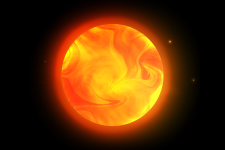 Vector sun planet. Illustration of the red giant with swirling clouds on the black background shining starsのイラスト素材