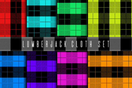 Set of lumberjack cloth. Seamless tartan material pattern. Saturated colorful fabric woodcutter tissueのイラスト素材
