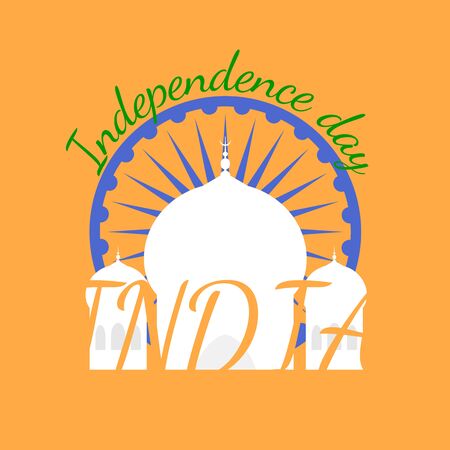 Indian independence day greeting card. Vector illustration with Taj Mahal and Ashoka wheel isolated on backgroundのイラスト素材