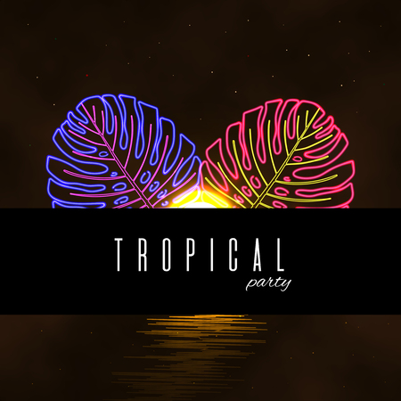 Tropical beach party card. Exotic neon leaves background.のイラスト素材