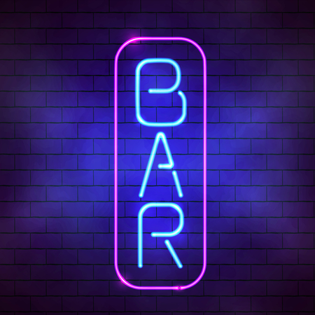 Glowing blue neon bar sign illustration. Bright fluorescent lamp on the brick wall backgroundのイラスト素材