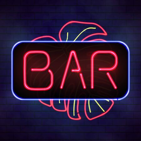 Neon bar sign. Glowing letters signboard and exotic leafのイラスト素材