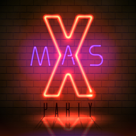 Glowing Xmas neon sign over the brick wallのイラスト素材