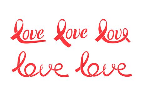 Collection of love - shaped ribbons. Stylized text with awareness ribbonsのイラスト素材