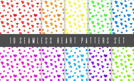 Set of seamless scattered hearts pattern. Valentines day vivid love symbols on white backgroundのイラスト素材