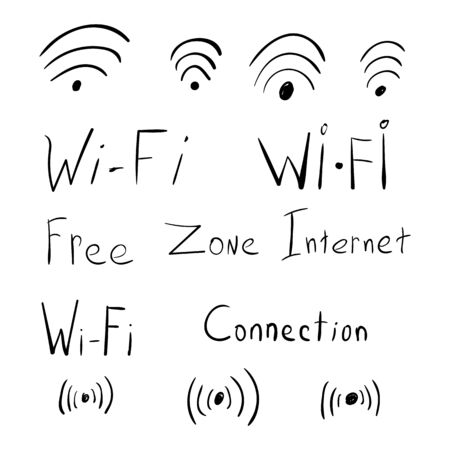 Hand drawn scribble wifi icons. Sketch illustration of the internet themeのイラスト素材
