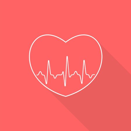 White outlined heart sign with pulse line on red background.のイラスト素材