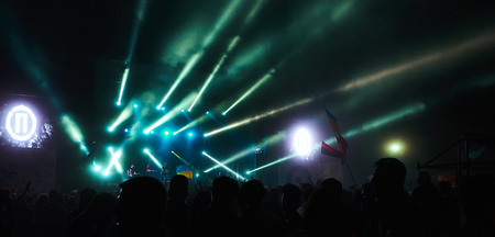 UKRAINE - KAMIANETS PODILSKYI SEPTEMBER 02, 2017 Stage light diring Respublica fest Pornofilmy band...
