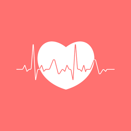 Heartbeat sinusoidal line with white heart on red background. Medical illustrationのイラスト素材