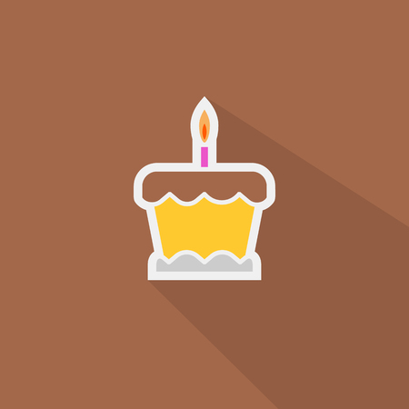 Vivid chocolate cake with candle. Birthday muffin sticker illustrationのイラスト素材