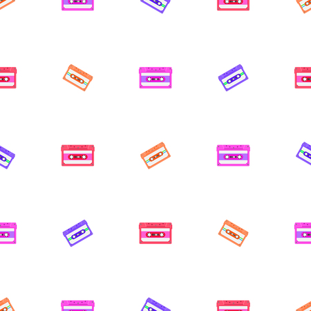 Vintage seamless pattern with analogue music cassettes. 80s Loopable background with magnetic audio tapesのイラスト素材