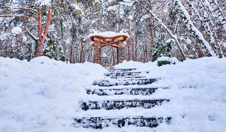 UKRAINE - CHERKASY JANUARY 20, 2018 Ancient columns and stairs covered with snowのeditorial素材