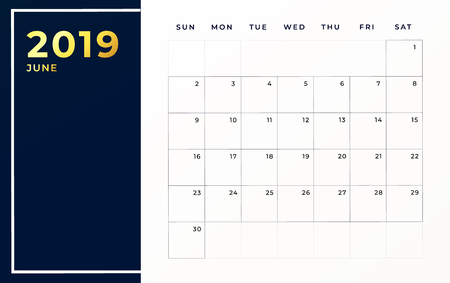June 2019 schedule template. Week starts on sunday empty calendar monthのイラスト素材