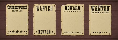 Wanted dead or alive poster with grunge textured typography and ripped vintage gray paper nailed to a wooden backgroundのイラスト素材
