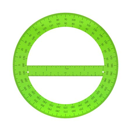 Plastic circular protractor with a ruler in metric and imperial units.のイラスト素材