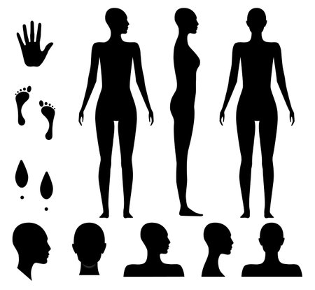 Human body silhouette of a bald naked barefoot adult woman. Anonymous female head avatar. Palm hand, bare feet and shoe trace.のイラスト素材