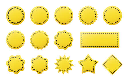 Set of barricade tape stickers. Yellow and black sale tags and round price discount labels. Promotional stickers and circular sticky notes.のイラスト素材