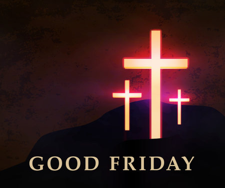 Good Friday background with glowing Christian crosses and Calvary silhouette.のイラスト素材