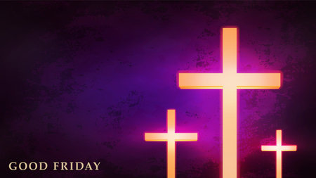 Good Friday background with glowing crucifix. Christian web banner of Holy Friday mourning of Jesus Christ sacrifice.のイラスト素材