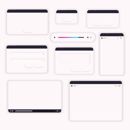 Online streaming video player, internet browser, login form, web player playbar. White clay user...