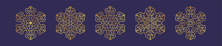 Golden snowflake thinline icon. Foil snow flake stencil blueprint.のイラスト素材