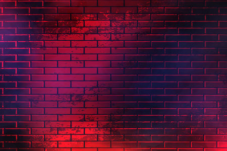 Dark Neon Brick Wall Background. Brickwall pattern with a cyber lightning.のイラスト素材
