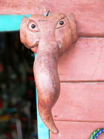 Wooden Elephent Head attached the Wallの写真素材