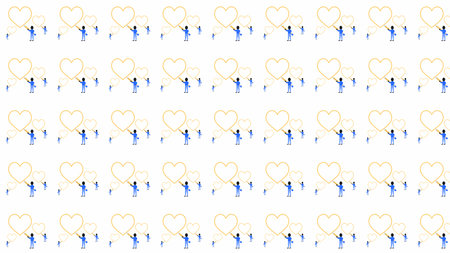 Yellow heart drawing people pattern, repeating and flat design on white background.