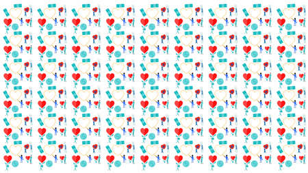 cartoon pattern and red hearts on white background, flat design and repeatingの写真素材
