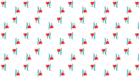 cartoon pattern and red hearts on white background, flat design and repeatingの写真素材