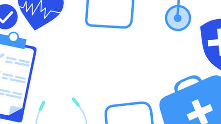 Blue medical icons on a white background with a place for text.の写真素材