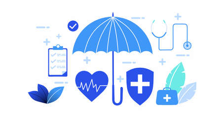 Medical insurance concept. Flat line icons set. Stethoscope, heart rate, umbrella, first aid kit. Vector illustrationの写真素材