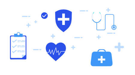 Medical icons set. Vector illustration in minimal flat style. Health care, first aid kit, heart rate monitor.の写真素材