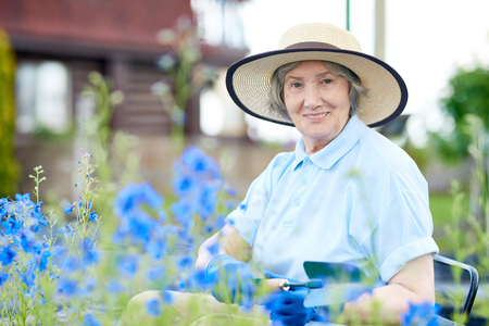 Portrait of nice old woman wearing straw hat  posing in flower garden, smiling at camera while workingの写真素材