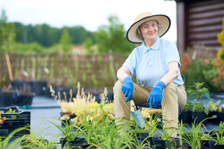 Portrait of smiling senior woman posing, looking at camera, while working in garden by the houseの写真素材