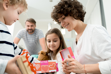 Family Celebrating Valentines Day at Homeの写真素材