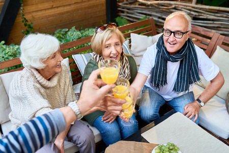 Senior Friends Toasting at Lunchの写真素材