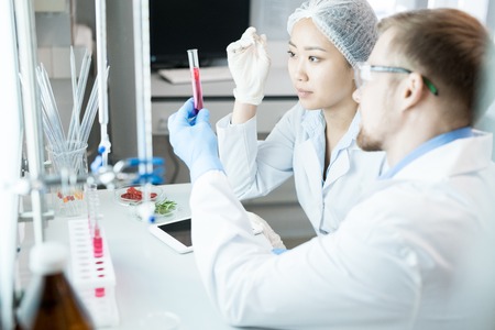 Microbiologists observing test glass with pink liquidの写真素材