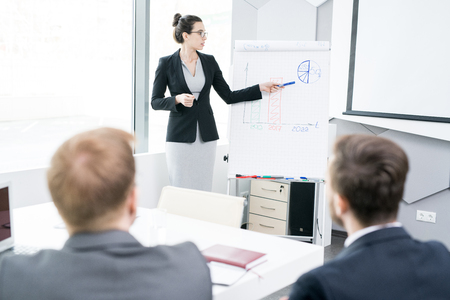 Young Businesswoman Giving Presentation at Whiteboardの写真素材