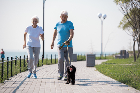 Happy Senior Couple Running with Pet Dogの写真素材