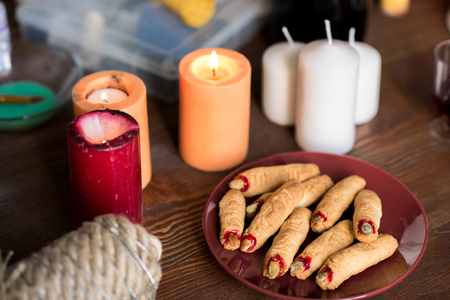 Creepy witch finger cookies on plateの写真素材