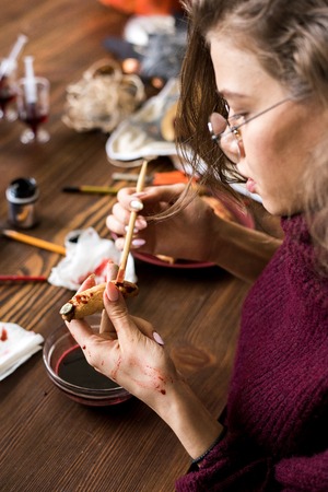 Concentrated food designer immersed into workの写真素材