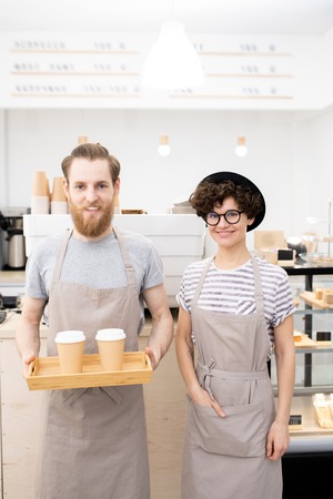 Baristas working in modern coffee shopの写真素材