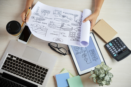 Hands of businesswoman examining document with general idea chartの写真素材