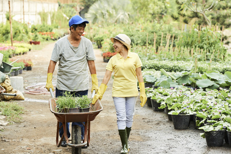 Cheerful gardeners with wheelbarrowの写真素材