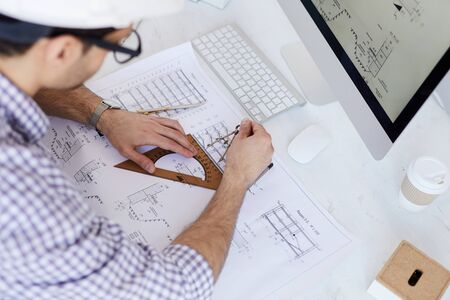 Engineer Drawing Plans High Angleの写真素材