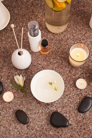 Above view background of candles set for aromatherapy in SPA, copy space