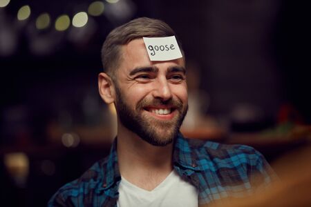 Head and shoulders portrait of smiling bearded man with goose label on forehead playing guessing game with friends during partyの写真素材