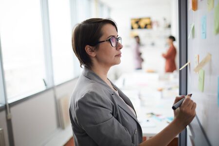 Side view portrait of modern businesswoman writing on whiteboard in office, copy space