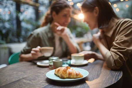 Portrait of two young women gossiping while enjoying lunch together in cafe, focus on fresh croissant in foreground, copy spaceの写真素材